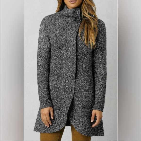 PrAna Angelica Charcoal Gray Long Cardigan Sweater Contrast Wool Mohair Trim LRG - Picture 1 of 16